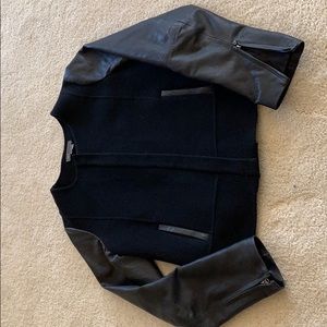 Vince black wool leather sleeved front zip jacket
